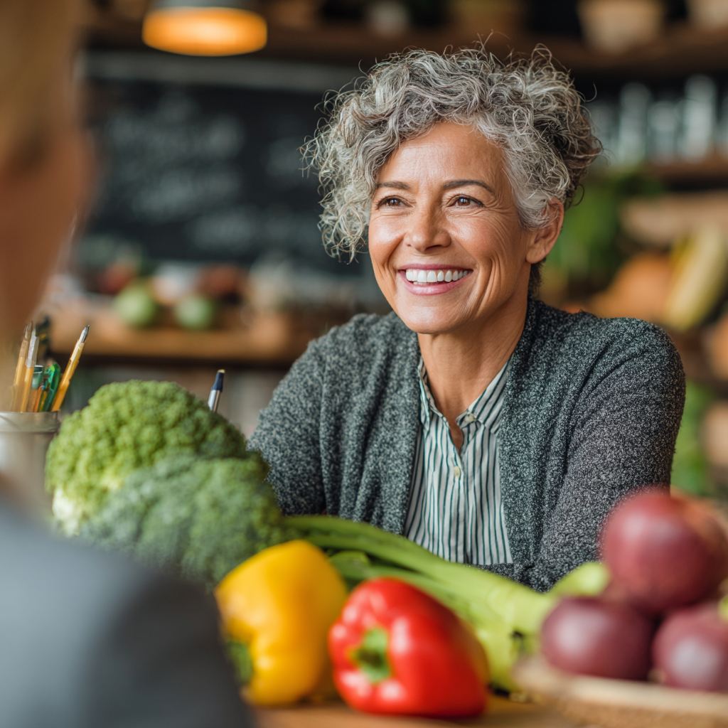 Дієтолог-консультант жінка 56 років розмовляє з клієнтом про здорове харчування в офісі