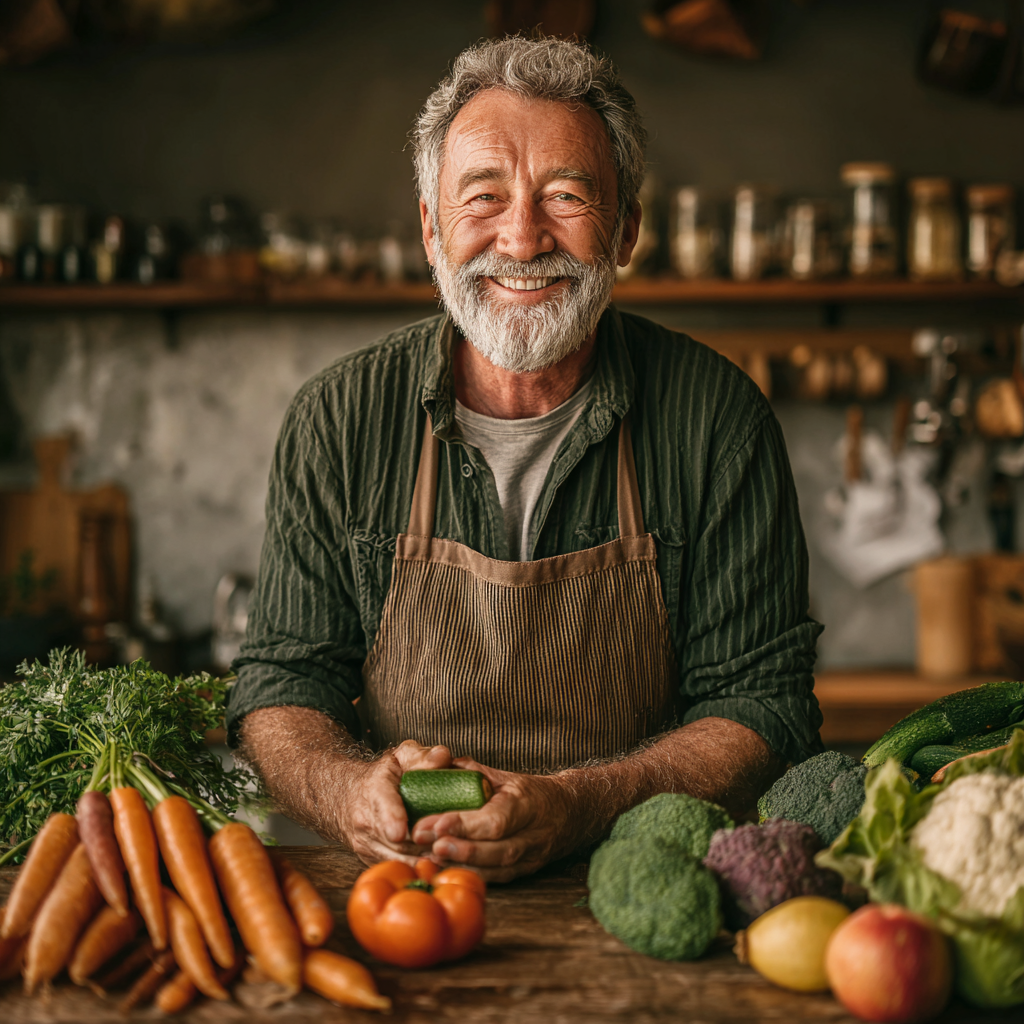 Щасливий чоловік 58 років готує здорову їжу на кухні, усміхається та тримає овочі