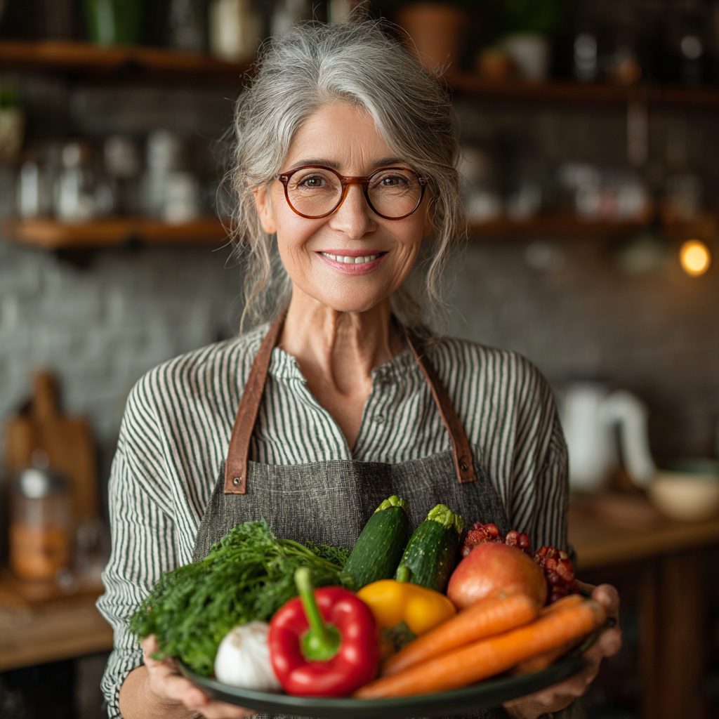 Усміхнена жінка 55 років тримає тарілку зі здоровою їжею, овочі та фрукти на кухні